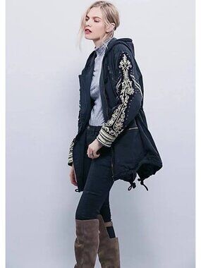 FREE PEOPLE Golden Quills Military Cargo Jacket Parka Embellished Studs Sz XS